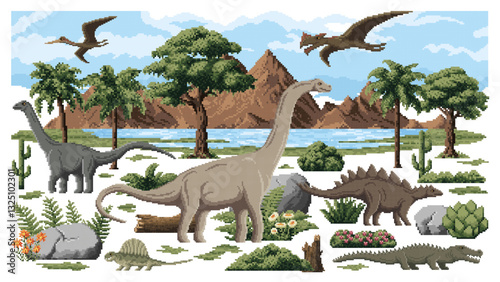 8 bit pixel prehistoric dinosaurs. Vector arcade game background, nostalgic retro gaming scene featuring dino species in ancient landscape with mountains, trees, plants and a clear sky with clouds