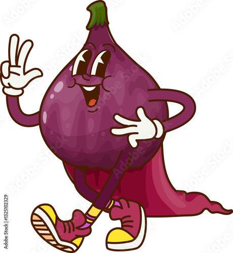 Cartoon groovy figs Halloween wizard fruit character. Vector retro magician fig in magic cloak and hippie sneakers flashing peace sign. Fairy tale healthy food, vitamin retro personage hurry for party