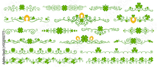 Shamrock clover dividers and borders of st Patrick day holiday. Green line patterns. Vector trims with lucky clover plants and gold horseshoes. Decorative ornaments for Irish festival celebrations