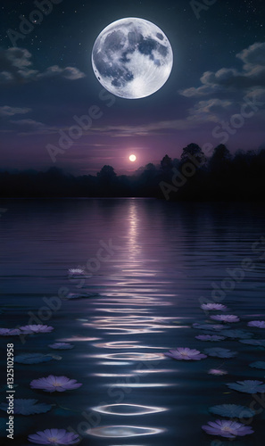 Luminous lotuses float on the mirror-like surface of the night lake.