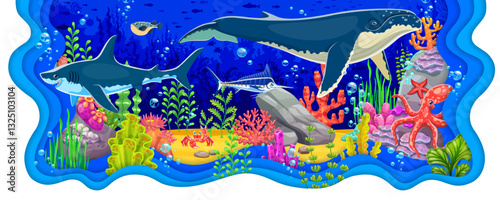 Paper cut underwater landscape with cartoon sea animals and fishes, sperm whale, swordfish and shark swim amidst vibrant coral reef scene. 3d vector layered papercut frame with ocean life biodiversity