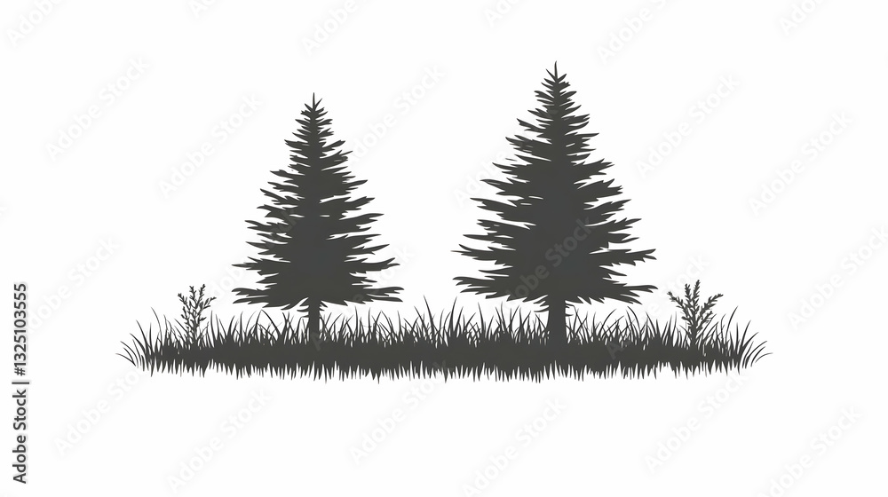 Obraz premium Silhouette Illustration Two Pine Trees Grass
