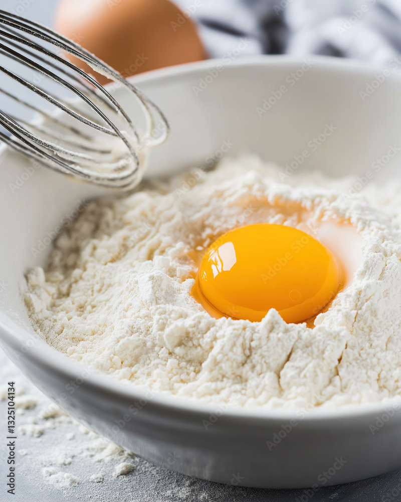 Egg yolk nestled in flour with whisk nearby Egg yolk nestled in flour with whisk nearby
