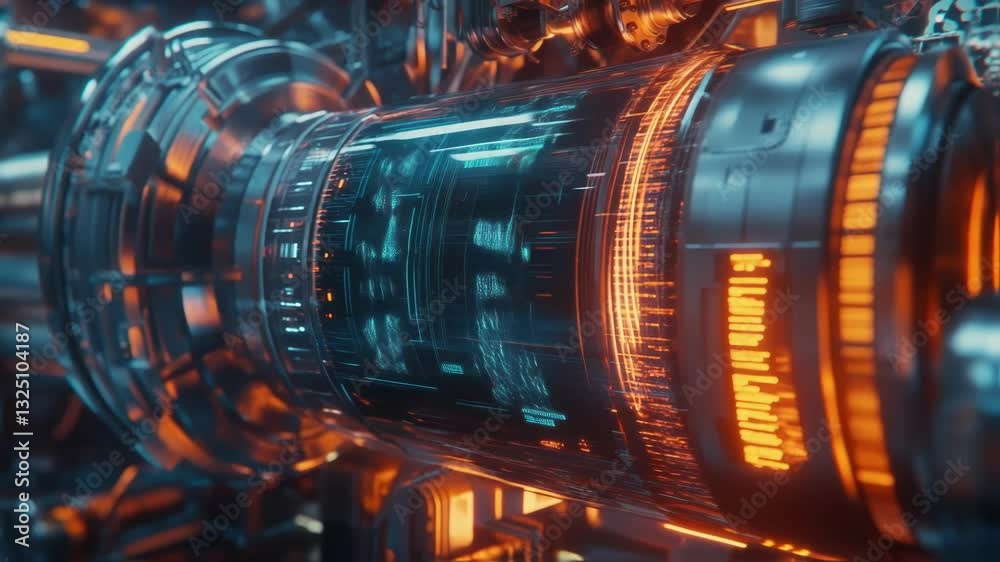 Complex machinery with glowing displays and intricate components processes data in a futuristic industrial setting, showcasing advanced technology and innovative manufacturing processes