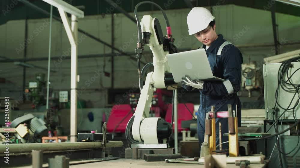 Male engineers expertly control welding robots, showcasing precision in a high-tech production environment. Male engineers expertly control welding robots, showcasing precision in a high-tech production environment.