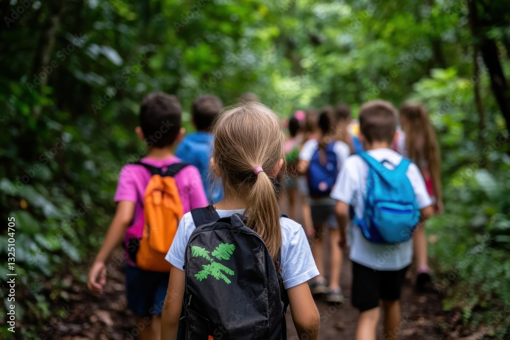 A group of kids joyfully walking through a dense jungle, showcasing their adventurous spirit and curiosity for nature as they engage with the environment around them. A group of kids joyfully walking through a dense jungle, showcasing their adventurous spirit and curiosity for nature as they engage with the environment around them.