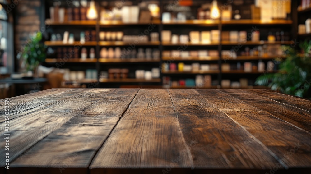 Empty old wood counter with blur bokeh supermarket background for product display.