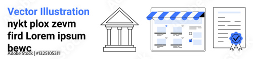 Bank building, online storefront, official certificate with blue seal highlight online business approval and organization. Ideal for finance, e-commerce, certification, accreditation, digital