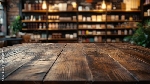 Obraz na płótnie Empty old wood counter with blur bokeh supermarket background for product display.
w salonie