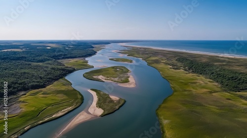 A river delta forming intricate patterns as it meets the sea