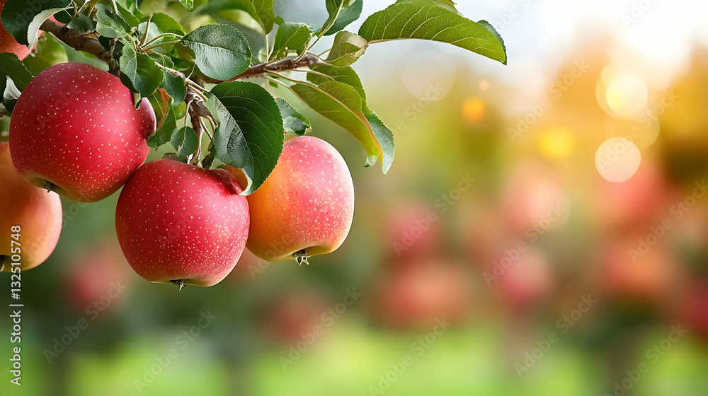 Obraz premium Close Up of Ripe Red Apples on a Branch with Dew Drops in an Orchard with Blurred Green Background and Golden Sunlight
