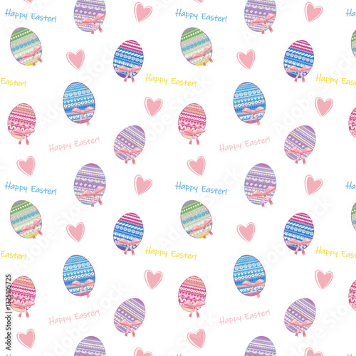 A pattern of painted multi-colored Easter eggs and stylized hearts.eps