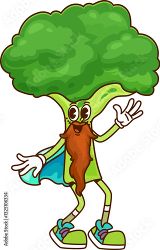 Cartoon groovy broccoli Halloween wizard vegetable character. Isolated vector veg warlock retro y2k personage with long beard, sneakers, and blue cape. Natural healthy food, fantasy fairytale veggie