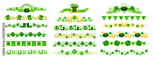 St Patrick day shamrock clover dividers and borders with golden coins, hats and boots. Vector set of trims or line patterns with lucky four leaf clover plants, rainbows, horseshoes and pot of gold