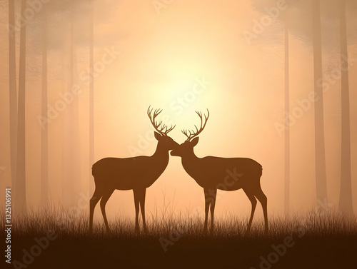Silhouette Deer Couple Sunset Forest 3D Illustration