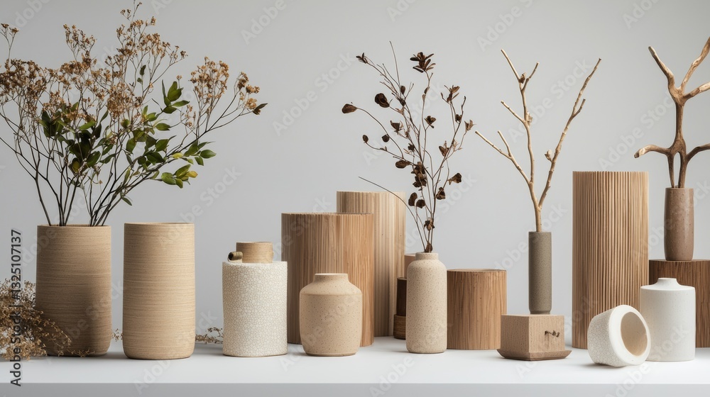 Minimalist wooden decor with vases and dried plants Minimalist wooden decor with vases and dried plants