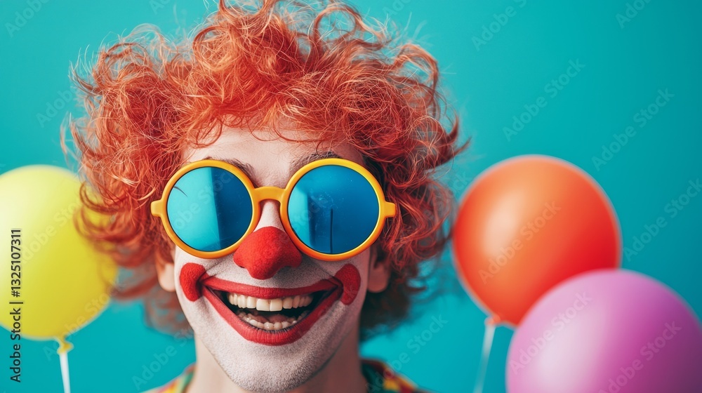 Playful clown with colorful balloons and sunglasses Playful clown with colorful balloons and sunglasses