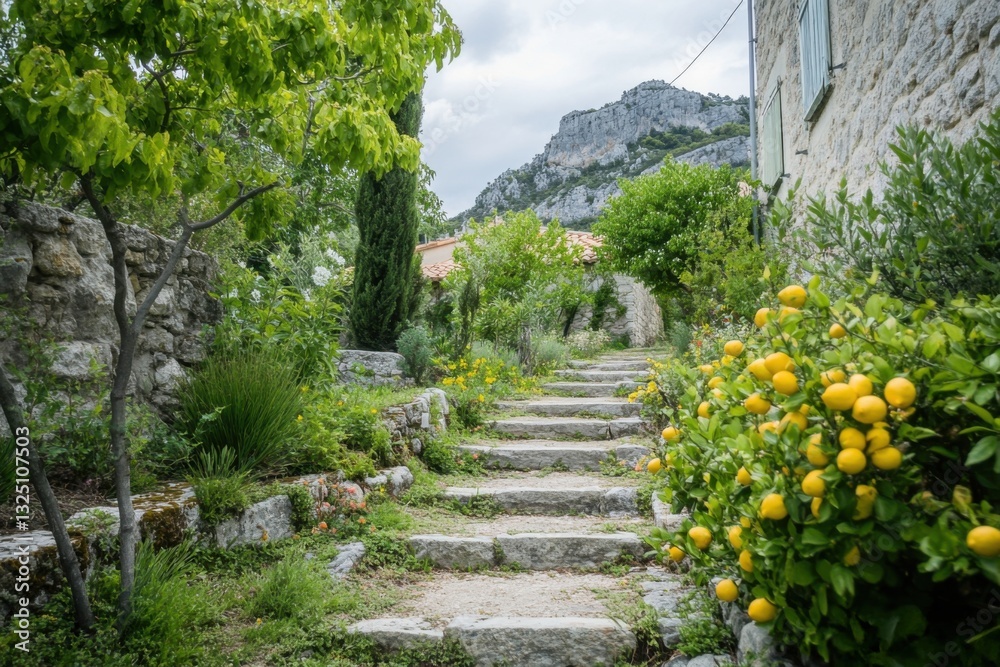 A beautiful garden path, flanked by vibrant lemon trees, meanders toward a charming hillside village, all under the soft light of an overcast sky A beautiful garden path, flanked by vibrant lemon trees, meanders toward a charming hillside village, all under the soft light of an overcast sky