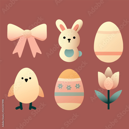 Minimal Easter set with bunny, eggs, bow, and flower