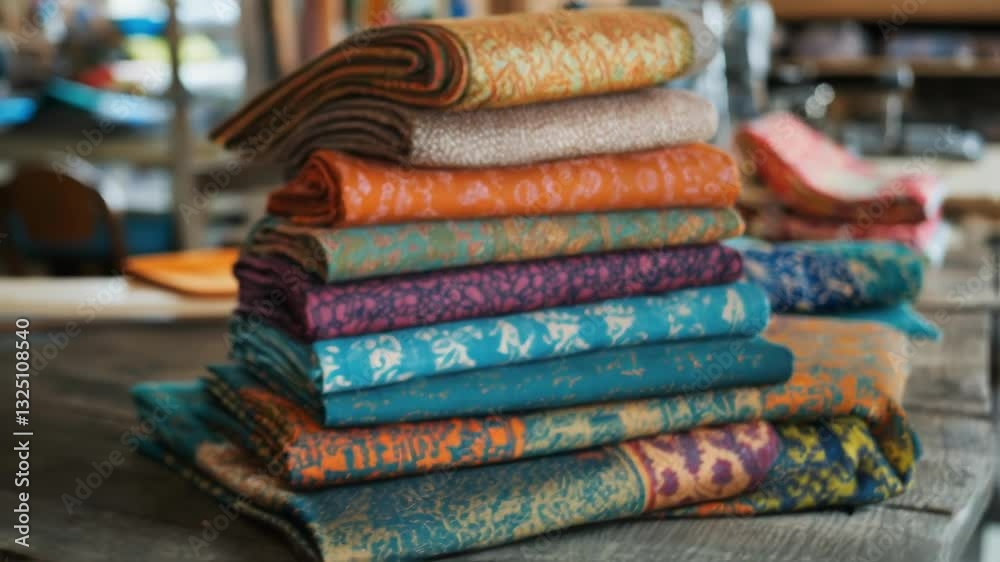 Vibrant dyed textiles stacked on a wooden table in a workshop, showcasing innovative production techniques and the beauty of handmade fabrics with a sewing machine in the blurred background Vibrant dyed textiles stacked on a wooden table in a workshop, showcasing innovative production techniques and the beauty of handmade fabrics with a sewing machine in the blurred background