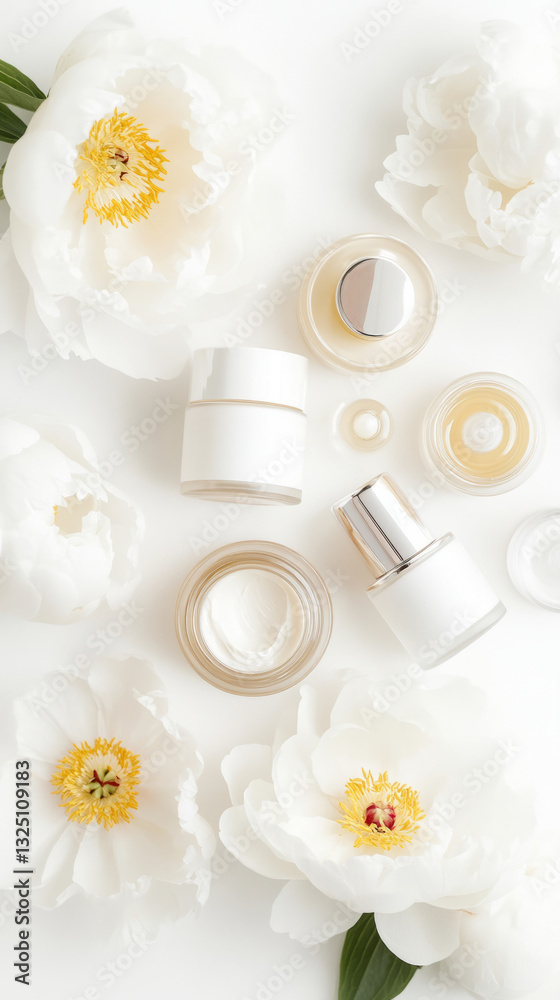 Elegant display of skincare products and white flowers Elegant display of skincare products and white flowers