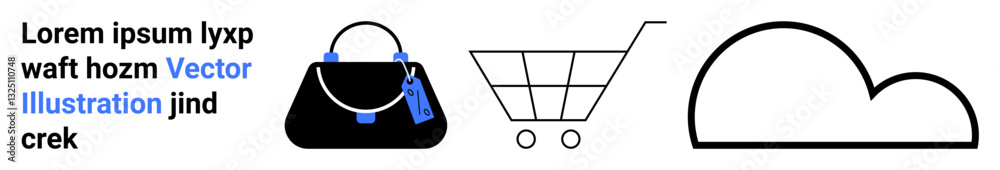 Black luxury handbag with keychains, shopping cart outline, and cloud graphic. Ideal for online shopping, retail, cloud storage, e-commerce, minimalism, consumer goods and flat landing page banner Black luxury handbag with keychains, shopping cart outline, and cloud graphic. Ideal for online shopping, retail, cloud storage, e-commerce, minimalism, consumer goods and flat landing page banner