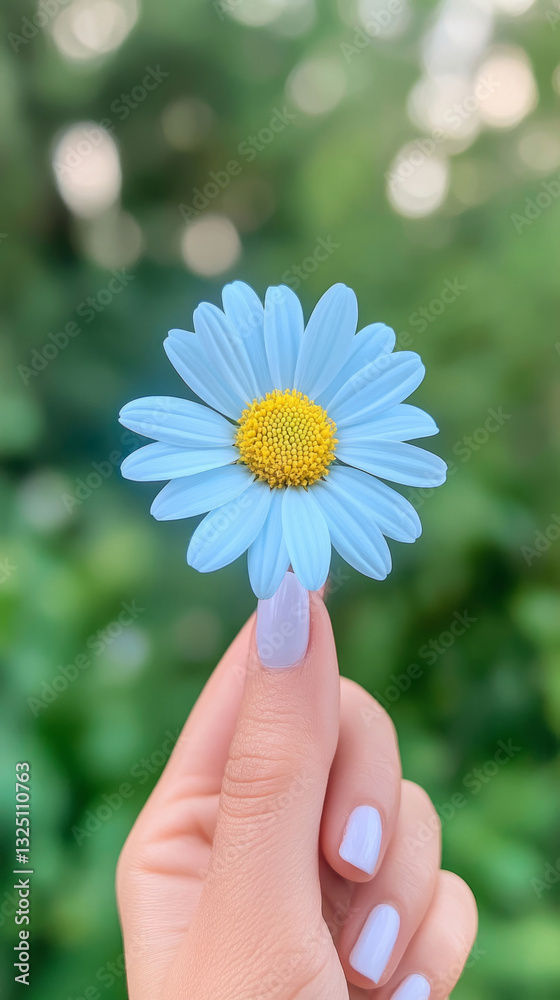 Hand holding blue daisy flower against blurred green background Hand holding blue daisy flower against blurred green background