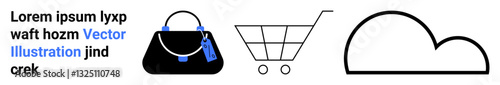 Black luxury handbag with keychains, shopping cart outline, and cloud graphic. Ideal for online shopping, retail, cloud storage, e-commerce, minimalism, consumer goods and flat landing page banner