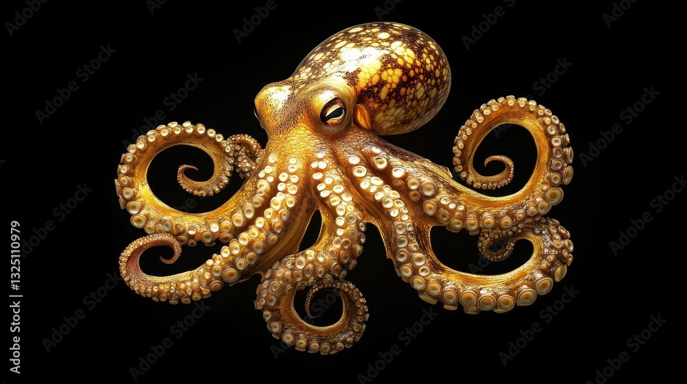 Obraz premium A golden octopus with multiple long tentacles and eyes is displayed