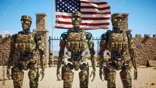 Military Humanoid Robots Guarding Desert Base American USA Flag Futuristic Security Concept 4K Video