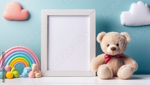 White blank wood frame with teddy bear and pastel toy rainbow on white desk. Generated image