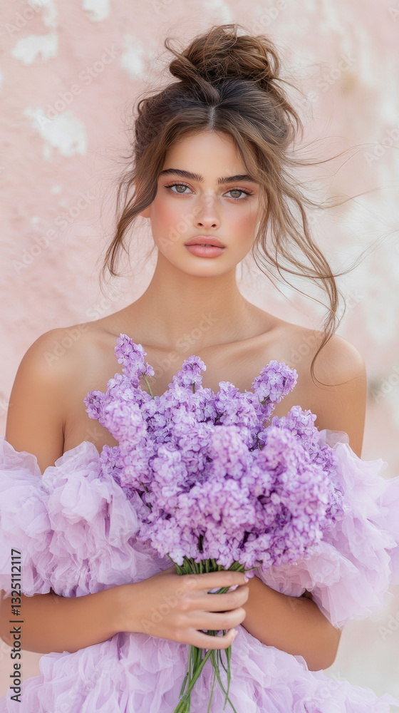 Young caucasian female holding purple flowers against pastel background Young caucasian female holding purple flowers against pastel background