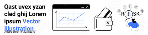 Line graph showing upward trend, wallet with cards, person analyzing risk. Ideal for financial growth, online payments, money management, risk analysis, business planning, investment strategy
