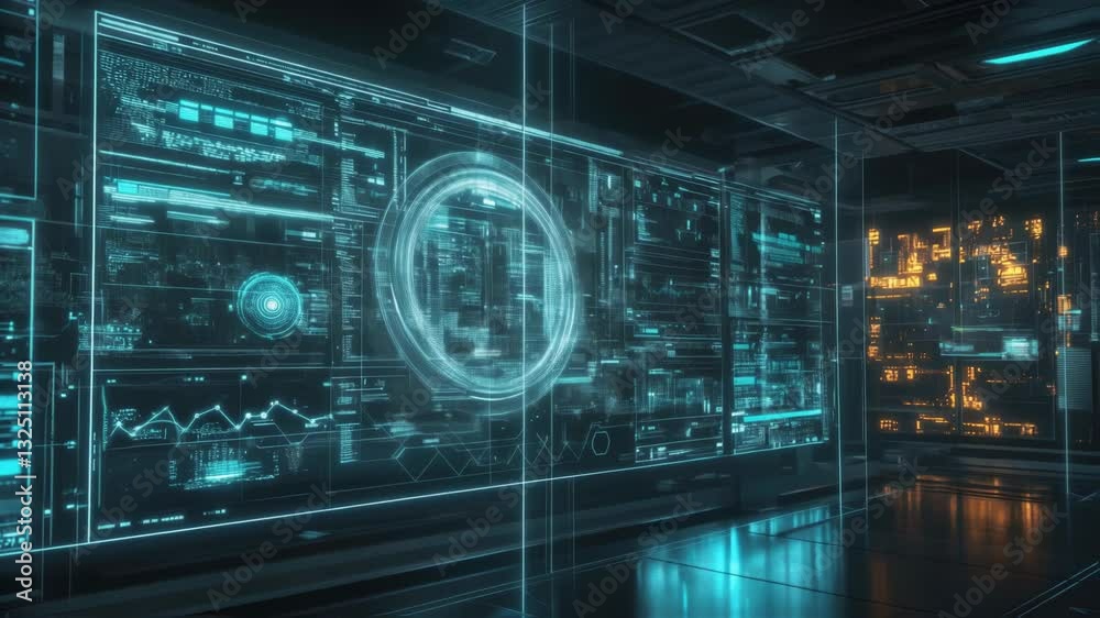 Holographic interface animating complex data visualization within shadowy server environment, revealing cutting edge technological network processing Holographic interface animating complex data visualization within shadowy server environment, revealing cutting edge technological network processing