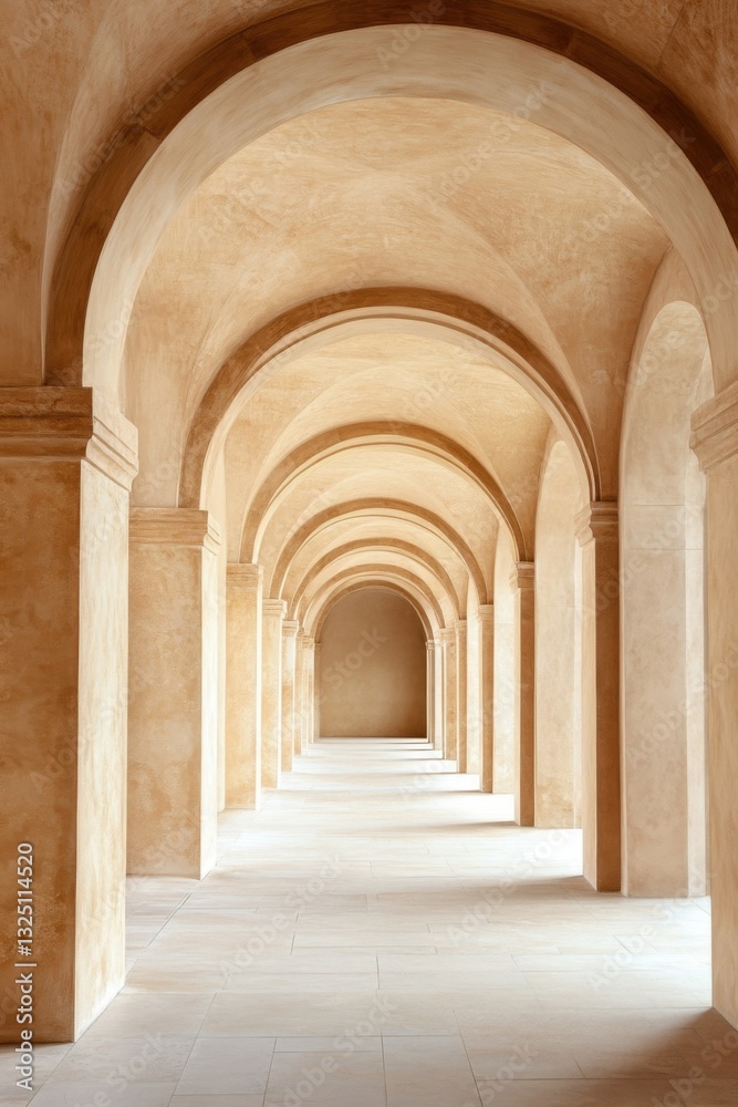 Fototapeta premium Beautiful series of arches in a secluded corridor with soft lighting, showcasing the elegance of architectural design during a quiet afternoon