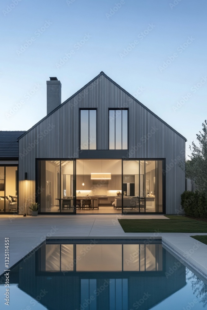 A contemporary home features expansive glass windows that beautifully reflect a peaceful backyard pool during dusk, nestled in a serene neighborhood A contemporary home features expansive glass windows that beautifully reflect a peaceful backyard pool during dusk, nestled in a serene neighborhood