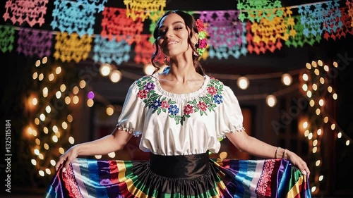Young Woman in Vibrant Mexican Attire Celebrating Cinco de Mayo, Traditional Dress Festive Cultural Concept 4K Video