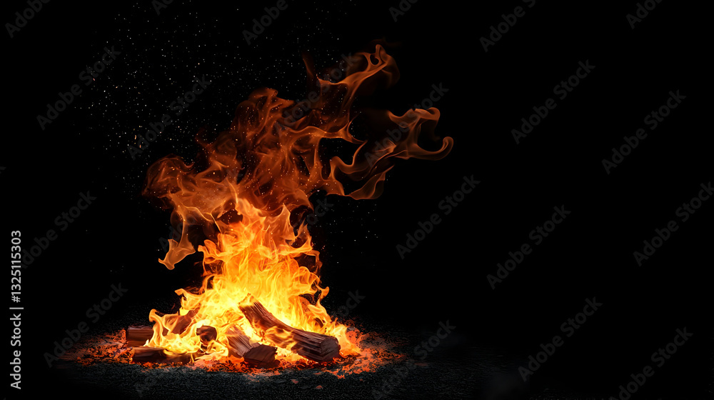 Fototapeta premium Vibrant Orange Flames Burning Above Stack Of Wood With Glowing Sparks Against Black Background