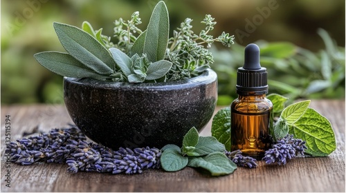 Herbal oils in a mortar & pestle