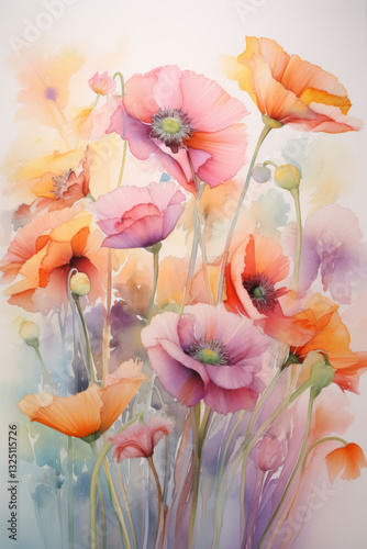 Colorful poppies watercolor painting. Delicate painting of colorful poppies on a white background.