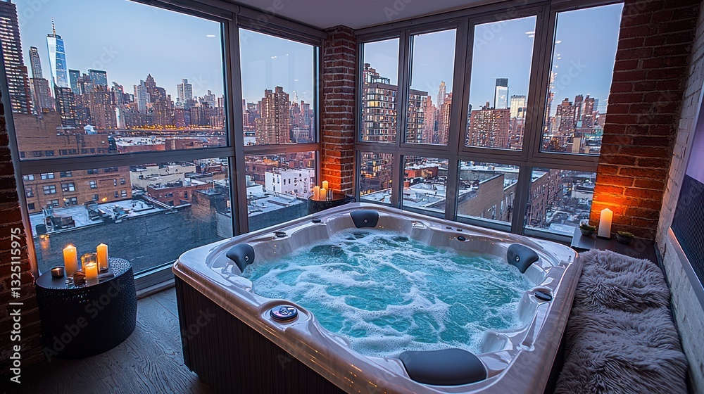 Obraz premium Urban Oasis: Jacuzzi Retreat with Panoramic Skyline View at Twilight Hour