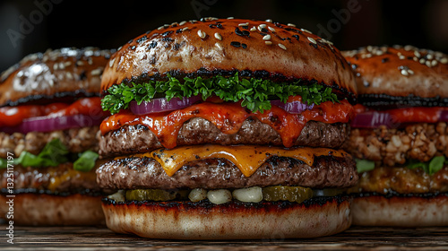 Close Up Gourmet Burgers With Toppings