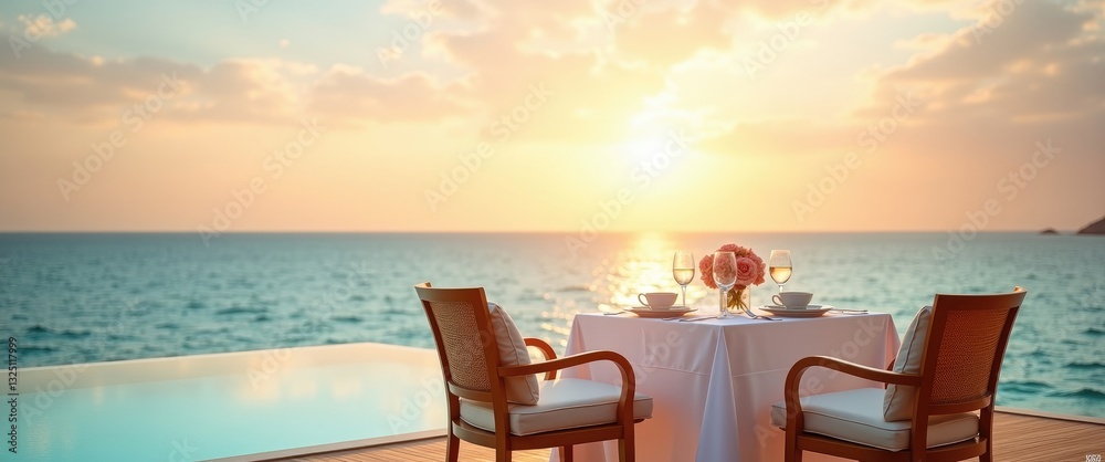 Fototapeta premium Seascape view at sunset with dining table and infinity pool nearby. Romantic getaway for two, couple concept. Chairs, food, and romance. Luxury destination dining, honeymoon theme.