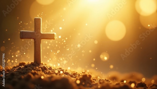 Abstract wallpaper featuring a religious cross with shining sparkles and radiant lights. Symbolism of heaven or resurrection.