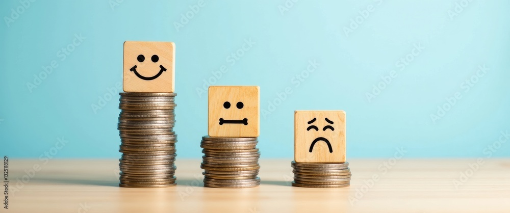 Satisfaction survey highlighting differences in salary income, benefits, or promotion positions. A wooden block with a smiley face is on a higher stack of coins compared to a lower stack with a sad...