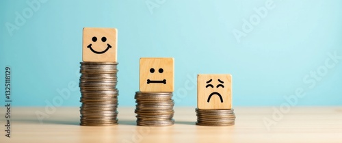 Obraz na płótnie Satisfaction survey highlighting differences in salary income, benefits, or promotion positions. A wooden block with a smiley face is on a higher stack of coins compared to a lower stack with a sad... w salonie
