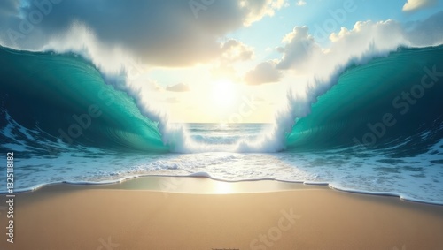 Sea parting to create a land passage. Conceptual theme of the parting of the sea.