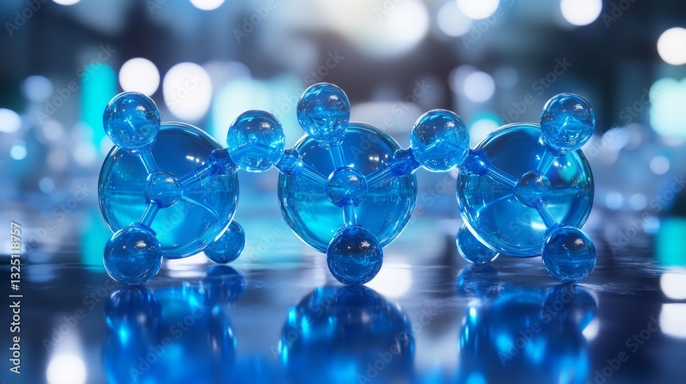 Blue Glass Molecule Model on Reflective Surface Blue Glass Molecule Model on Reflective Surface