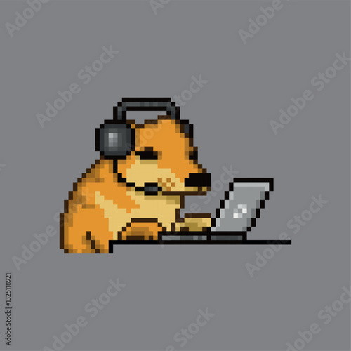 Dog working or playing on the computer, pixel art meme