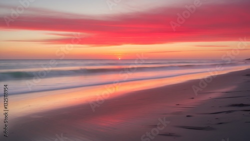 Seascape presented in an abstract style. Red sunset with motion blur. A serene view of an unoccupied sandy beach at dusk.